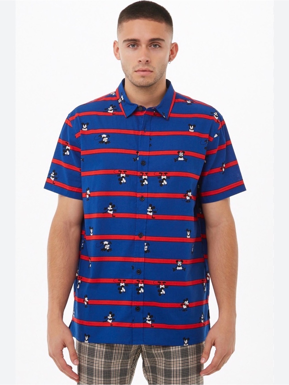 Disney x Forever 21 blue & red striped button-up shirt Mickey Mouse print medium